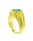 Men's 14K yellow gold solitaire ring with a square emerald-cut, medium green Colombian emerald.