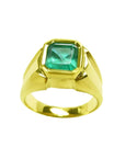Men's 14K yellow gold solitaire ring with a square emerald-cut, medium green Colombian emerald.