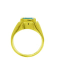 gold men's emerald ring on a lateral position, top setting and side band visibles.