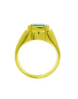 Men's 14K yellow gold solitaire ring with a square emerald-cut, medium green Colombian emerald.