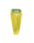 Men's 14K yellow gold solitaire ring with a square emerald-cut, medium green emerald bezel set.