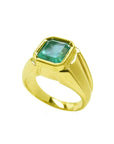 Men's 14K yellow gold solitaire ring with a square emerald-cut medium green emerald, bezel set.