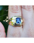 Gold ring with a blue natural sapphire gemstone on a hand against a blurred green background