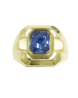Quality men's sapphire solitaire ring emerald-cut Certified untreated 18K Yellow Gold, front side top view