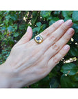 Hand wearing a gold ring with a blue natural sapphire gemstone against a green leafy background