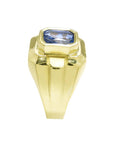 Quality men's sapphire solitaire ring emerald-cut Certified untreated 18K Yellow Gold, top-down perspective shank view