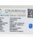 Colourstone Gemstone Brief Report for a vivid blue, octagonal-mixed cut sapphire.