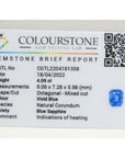 Colourstone Gemstone Brief Report for a vivid blue, octagonal-mixed cut sapphire.