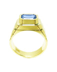 Men's natural sapphire solitaire ring bezel set crafted in 18k yellow gold, side view top bezel set