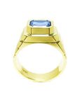Men's 18k yellow gold ring with a bezel-set, octagonal blue sapphire.
