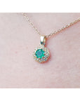 Gift for Mother's Day round cut emerald halo diamond minimalist necklace 14K yellow gold