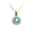 Colombian round cut emerald halo diamond minimalist necklace 14K yellow gold