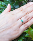 Hand wearing a yellow gold minimalist emerald ring against a green leafy background.