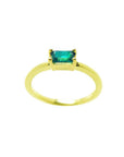 Minimalist 14K yellow gold ring with a 0.35 ct. east-west emerald cut green solitaire.