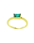 Minimalist 14K yellow gold ring with a 0.35 ct. east-west emerald cut green solitaire.