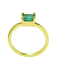 A lateral view of a minimalist emerald solitaire ring representing May's birthstone jewelry.
