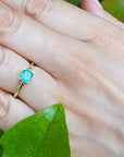 Emerald gold ring on a hand with a green leaf background.