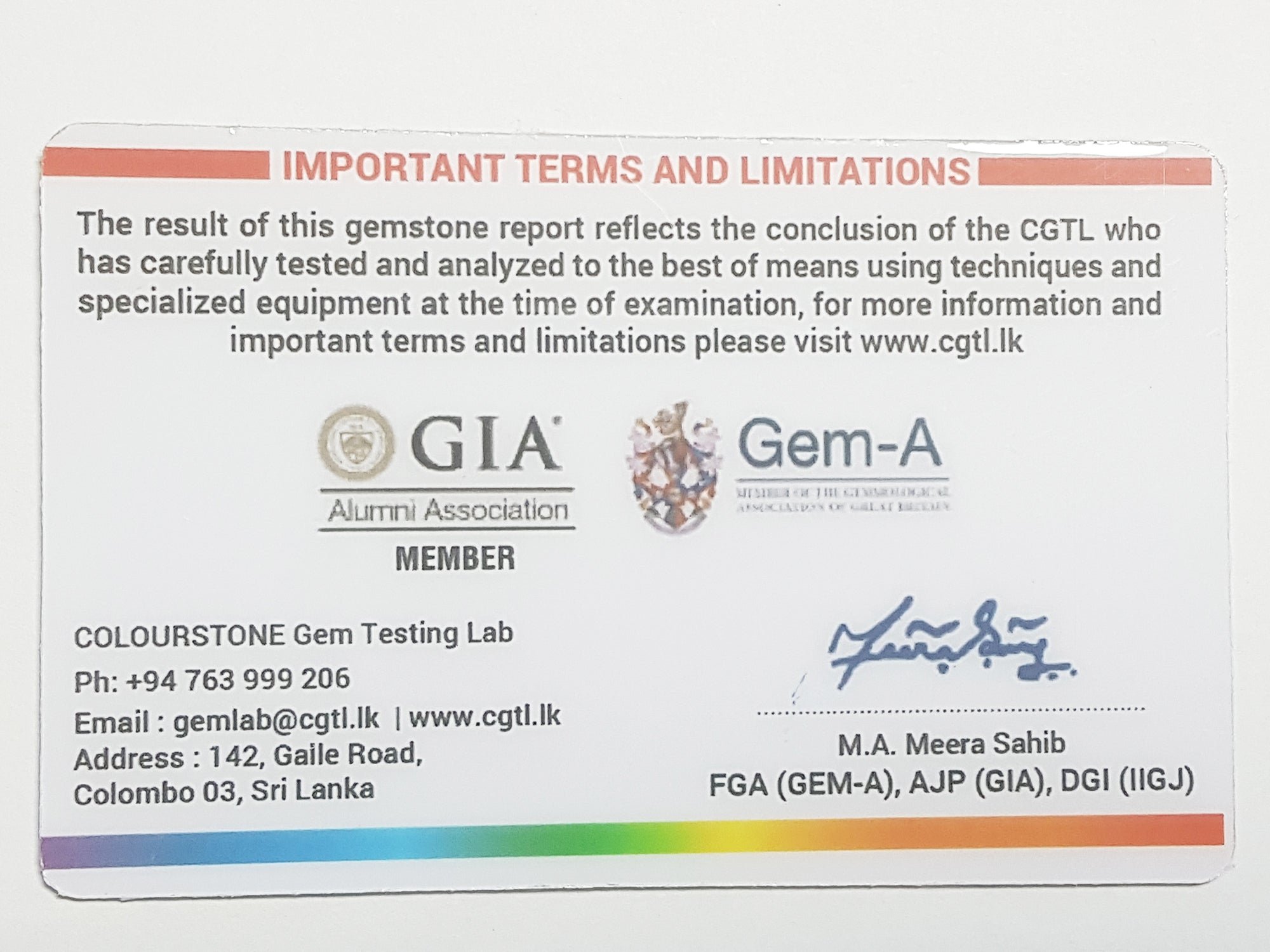 Gemstone report card with GIA, Gem-A, and CGTL logos and contact information.