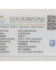 Colourstone Gem Testing Lab report for a 3.05 ct vivid blue octagonal sapphire.