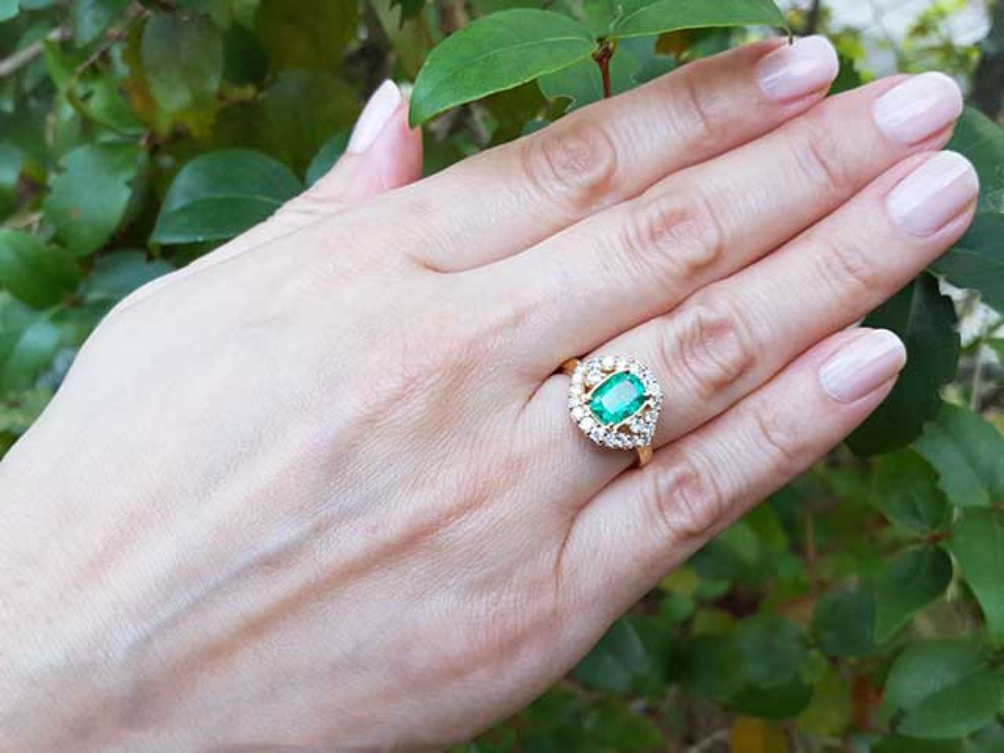 Hand wearing an emerald ring with a green leafy background.