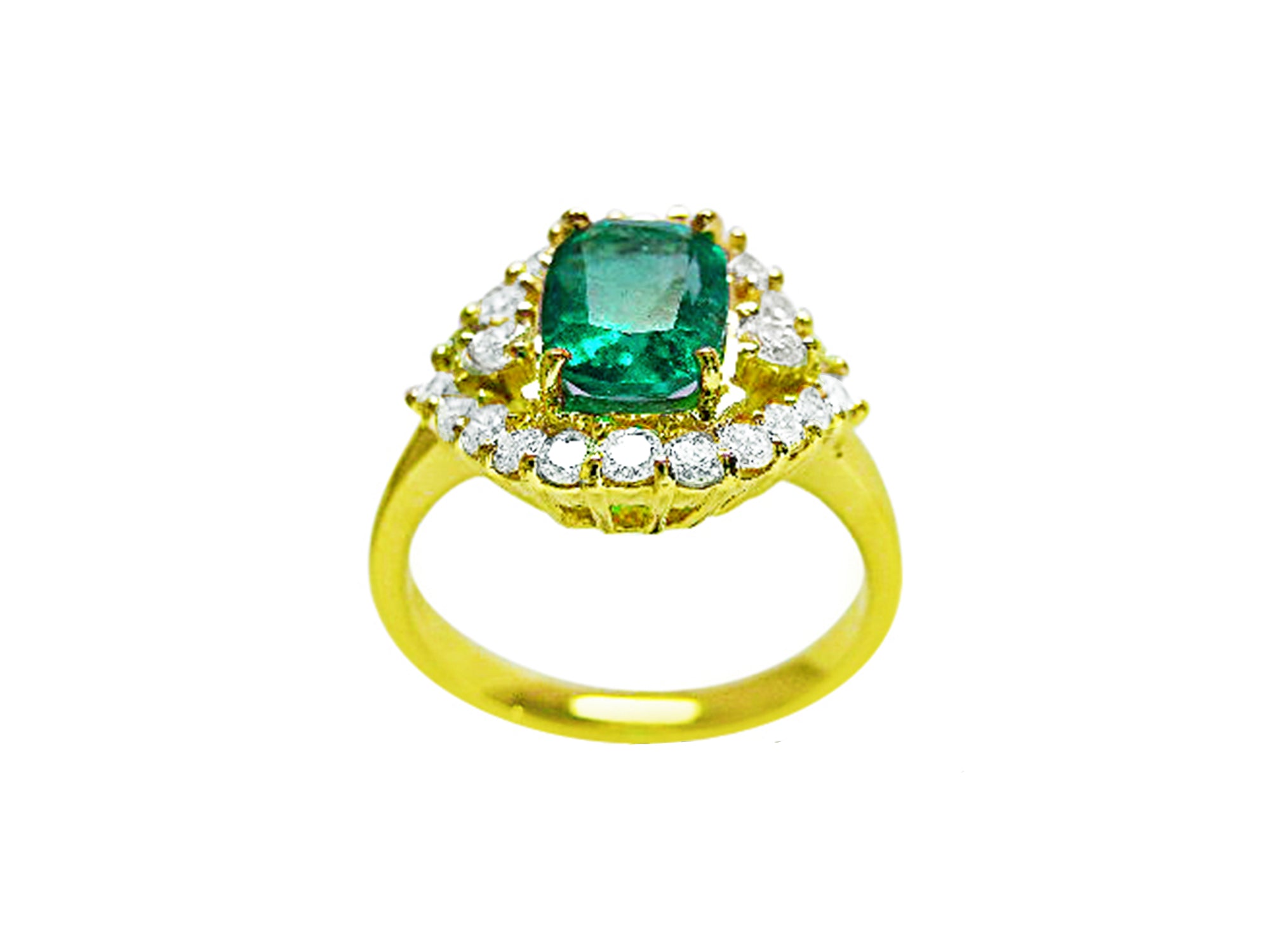 This cushion cut emerald ring displays the top stone surrounded by a halo diamond and yellow gold band perspective.