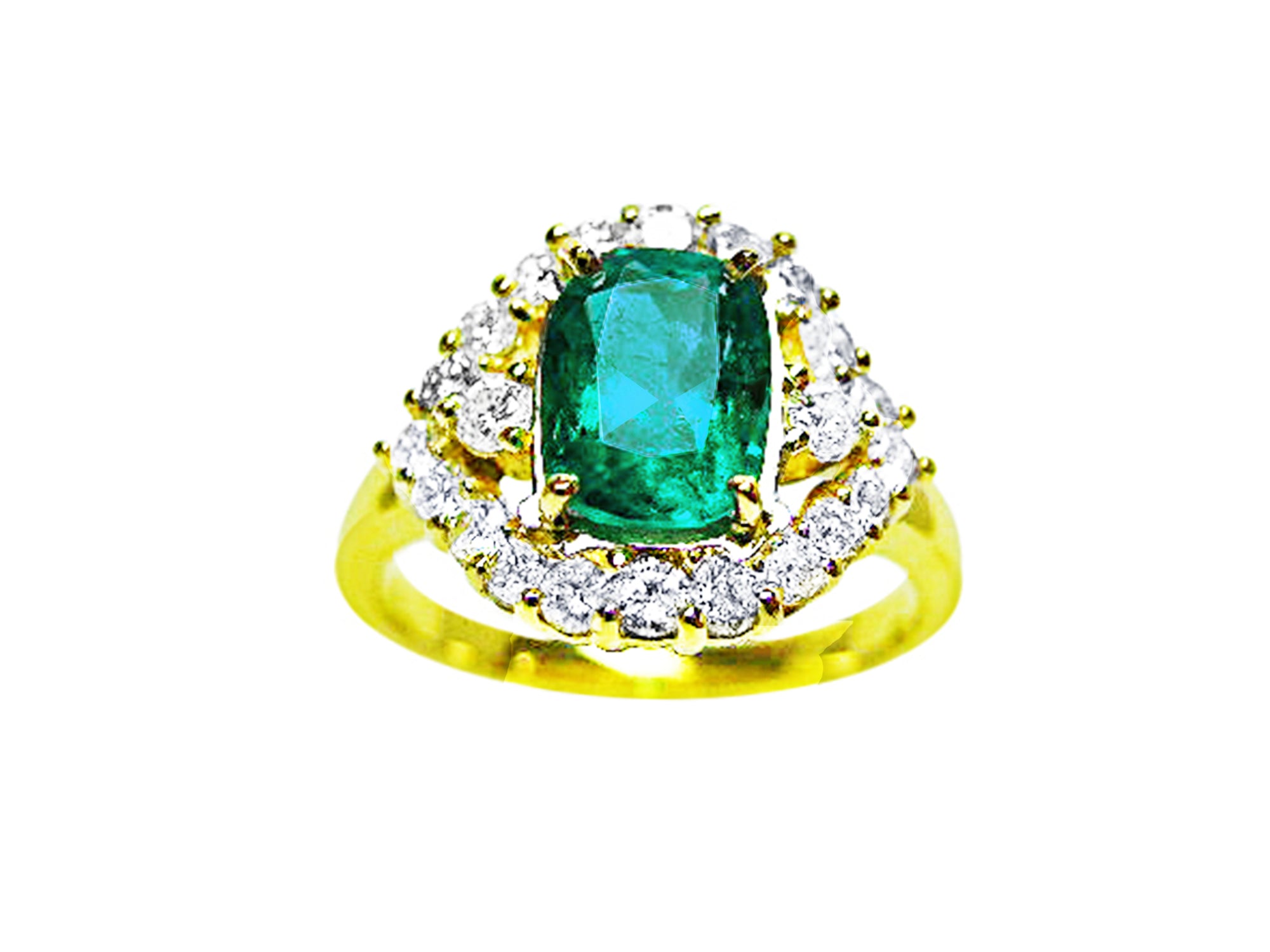 A 14K yellow gold ring featuring a Muzo Colombian emerald surrounded by a halo of diamonds, showcased from a topside perspective.