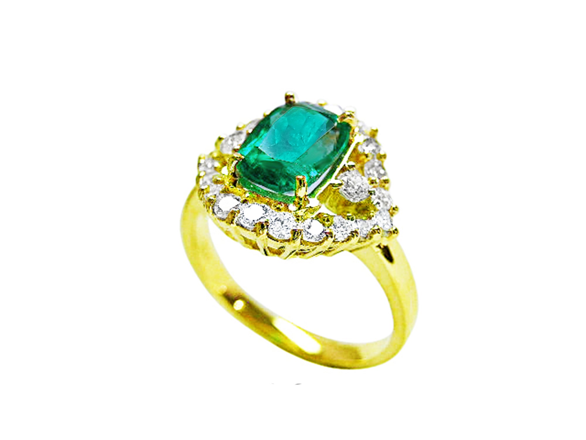 The side of this emerald ring shows the top cushion cut gemstone, the halo diamonds and band in yellow gold.