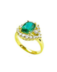 1.43 ct cushion-cut Muzo Colombian emerald ring with marquise halo diamonds in 14K yellow gold.