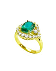 1.43 ct cushion-cut Muzo Colombian emerald ring with marquise halo diamonds in 14K yellow gold.