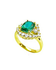 1.43 ct cushion-cut Muzo Colombian emerald ring with marquise halo diamonds in 14K yellow gold.