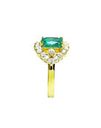 1.43 ct cushion-cut Muzo Colombian emerald ring with marquise diamond halo in 14K yellow gold.