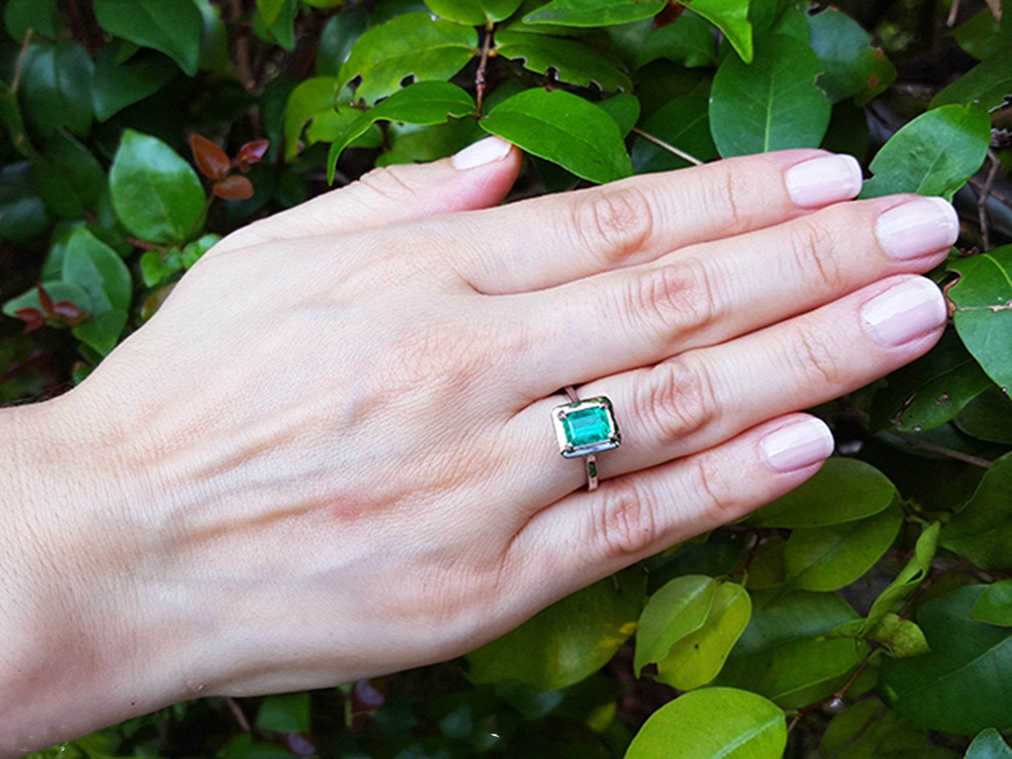 Hand wearing a ring with a green gemstone against a leafy background