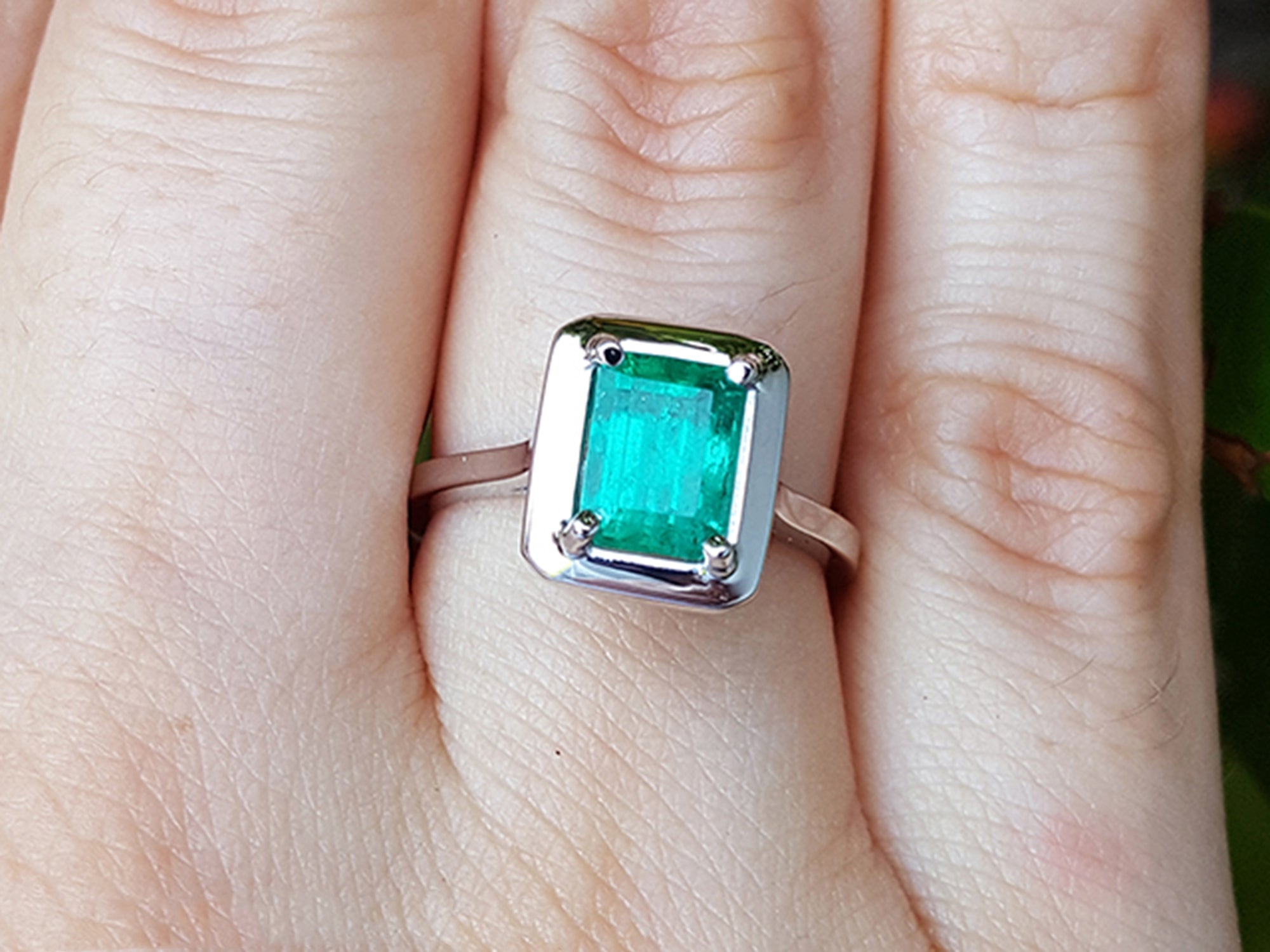 A solitaire Muzo colombian emerald solitaire ring in 18k white gold on a person's finger.