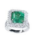 GIA certified F1 Muzo colombian emerald ring for women, halo natural diamonds crafted in 14k white gold.