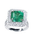 GIA certified F1 Muzo colombian emerald ring for women, halo natural diamonds crafted in 14k white gold.