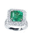 GIA certified F1 Muzo colombian emerald ring for women, halo natural diamonds crafted in 14k white gold.