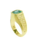 Men's 14K yellow gold ring with a rectangular emerald-cut bluish-green Muzo Colombian emerald, bezel set.