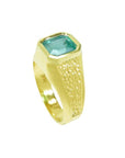 Men's 14K yellow gold ring with a rectangular emerald-cut bluish-green Colombian emerald.