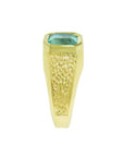 Men's 14K yellow gold ring with a rectangular emerald-cut bluish-green Muzo Colombian emerald, bezel set.