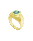 Men's 14K yellow gold ring with a rectangular bluish-green Muzo Colombian emerald in a bezel setting.