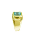 Men's 14K yellow gold ring with a rectangular 2.37 ct Muzo Colombian emerald in a bezel setting.
