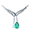 Chevon design 14k white gold emerald necklace natural pear cut sparkling medium green color