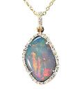 4.30 ct natural Australian opal pendant with fiery red-orange play-of-color, halo diamonds, and 18K yellow gold.