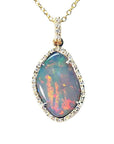 4.30 ct natural Australian opal pendant with fiery red-orange play-of-color, halo diamonds, and 18K yellow gold.