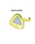 Back of a triangular white opal pendant with red fire, set in 14K yellow gold.