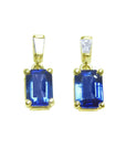 Natural blue sapphire earrings stud tapered baguette diamonds push backs, front position full top view
