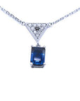 Front position of a natural blue sapphire necklace 14k white gold dangling pendant top view