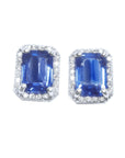 Natural blue sapphire stud earrings emerald cut halo diamond 14k white gold, front position full top view