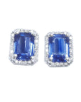 Natural blue sapphire stud earrings emerald cut halo diamond 14k white gold.