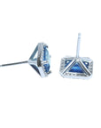 Natural blue sapphire stud earrings emerald cut halo diamond 14k white gold, two position profiles